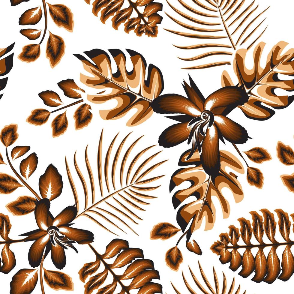 brun enfärgad Färg stil tropisk regnskog illustration sömlös mönster med monstera handflatan löv och hibiskus blomma växter lövverk på vit bakgrund. modern textur. yta design vektor