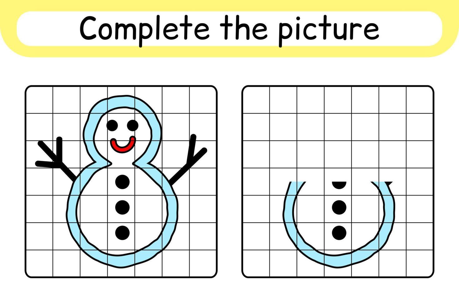 Vervollständigen Sie das Bild Schneemann. Kopieren Sie das Bild und die Farbe. beende das Bild. Malbuch. pädagogisches Zeichenübungsspiel für Kinder vektor