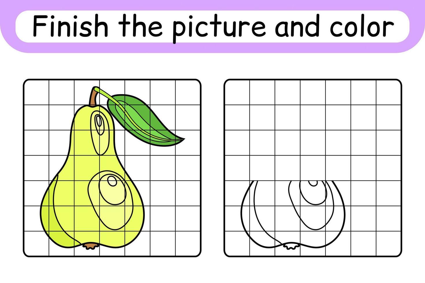 Vervollständigen Sie das Bild Birne. Kopieren Sie das Bild und die Farbe. beende das Bild. Malbuch. pädagogisches Zeichenübungsspiel für Kinder vektor