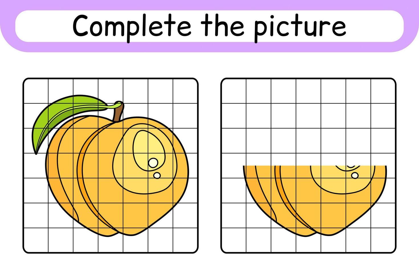 Vervollständigen Sie das Bild Pfirsich. Kopieren Sie das Bild und die Farbe. beende das Bild. Malbuch. pädagogisches Zeichenübungsspiel für Kinder vektor
