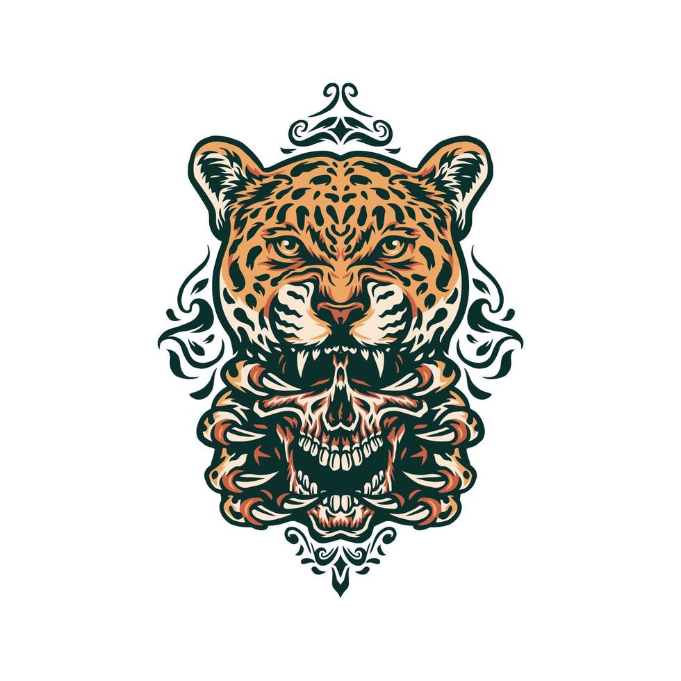 jaguar och skalle, hand dragen linje med digital Färg, vektor illustration