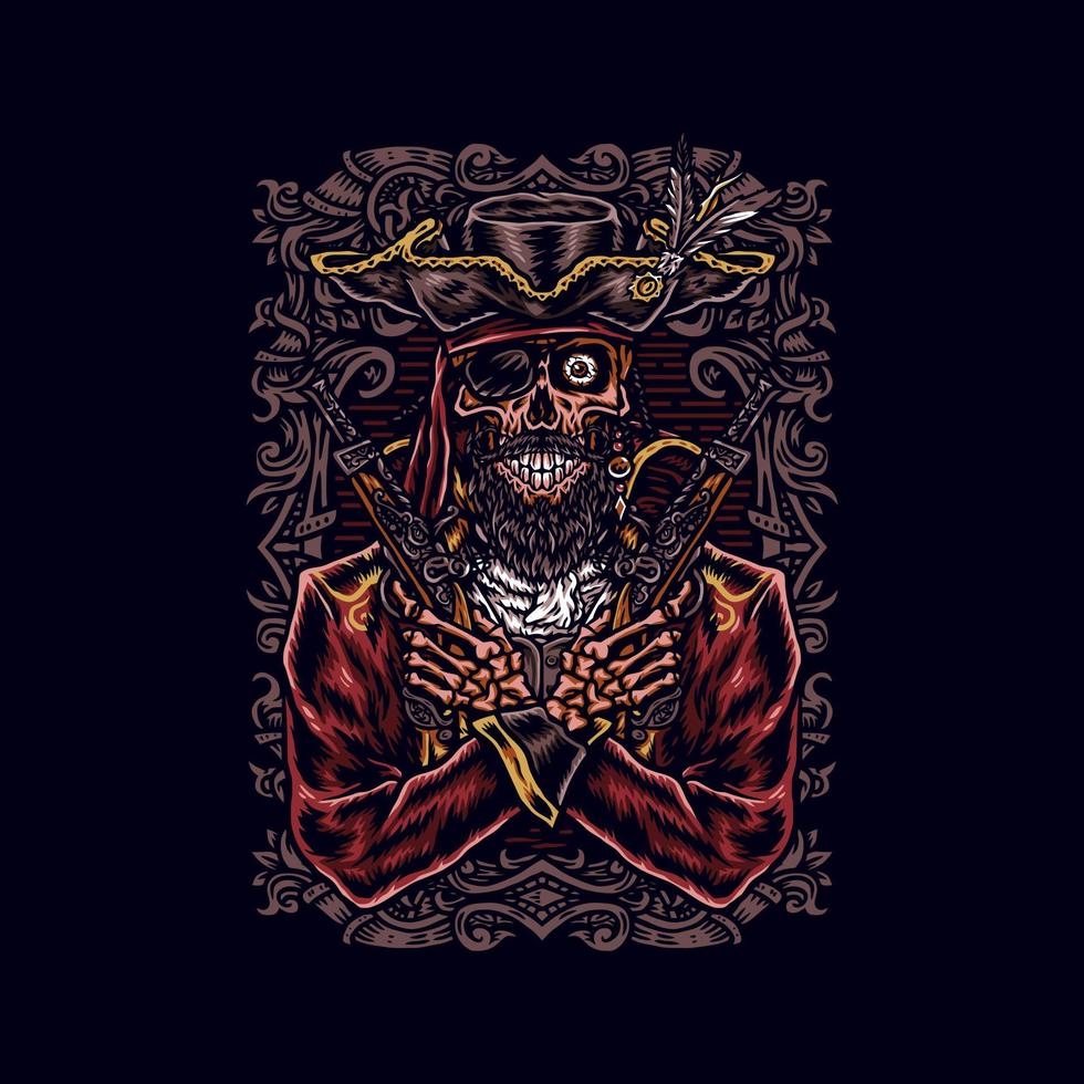 pirat skalle innehav en pistol, hand dragen linje stil med digital Färg, vektor illustration, isolerat på mörk bakgrund
