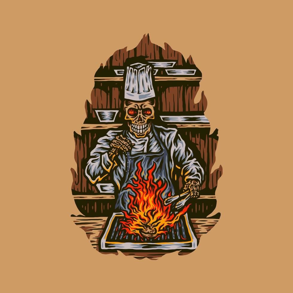 skelett kock grillning kött, hand dragen linje stil med digital Färg, vektor illustration