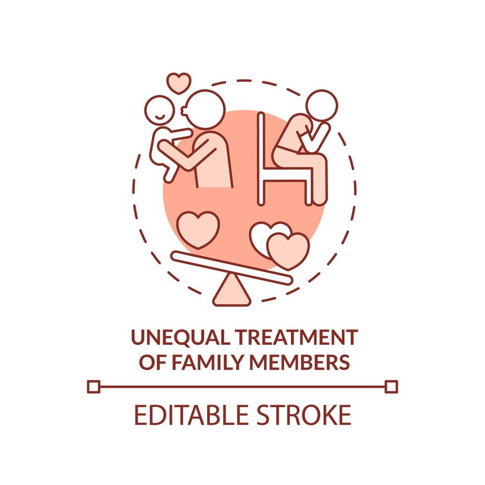 Ungleichbehandlung von Familienmitgliedern rotes Konzeptsymbol. dysfunktionale Familien abstrakte Idee dünne Linie Illustration. isolierte Umrisszeichnung. editierbarer Strich. vektor