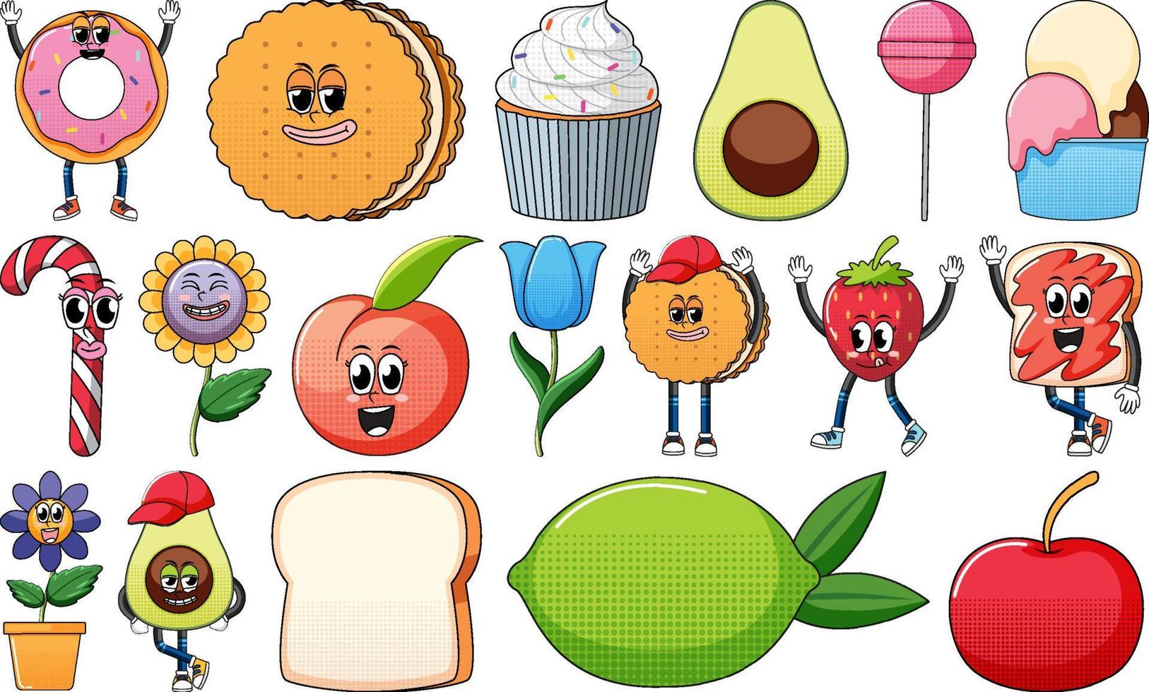 uppsättning av objekt och livsmedel tecknad serie tecken vektor
