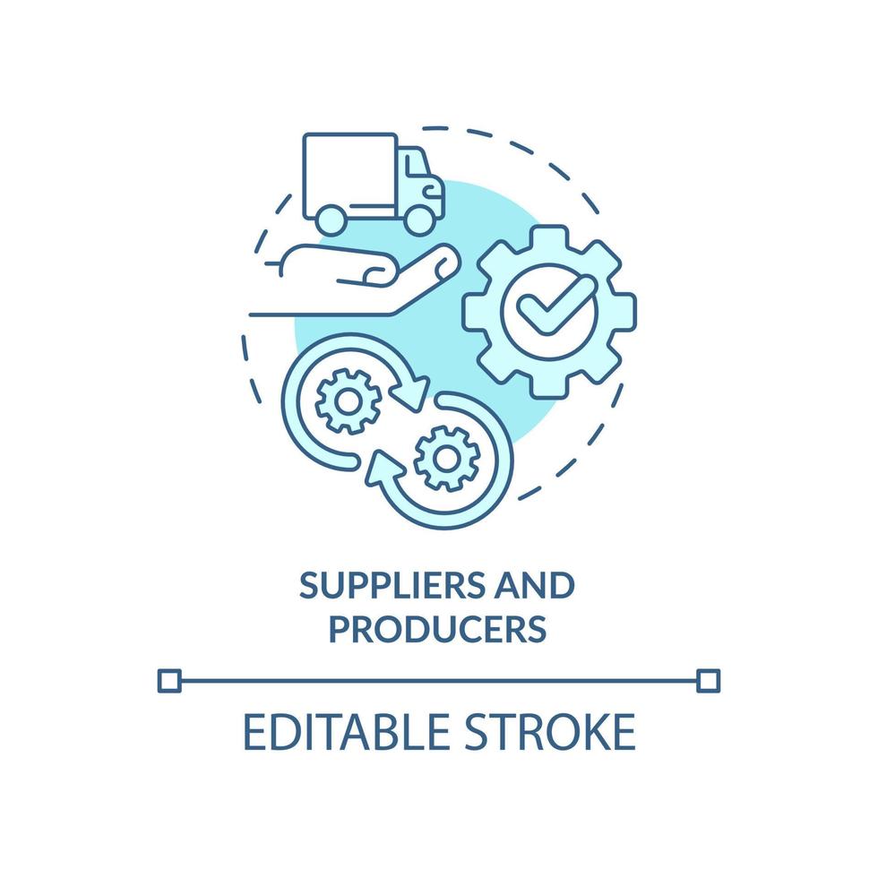 leverantörer och producenter turkos begrepp ikon. kategori av kooperativ medlemmar abstrakt aning tunn linje illustration. isolerat översikt teckning. redigerbar stroke. vektor