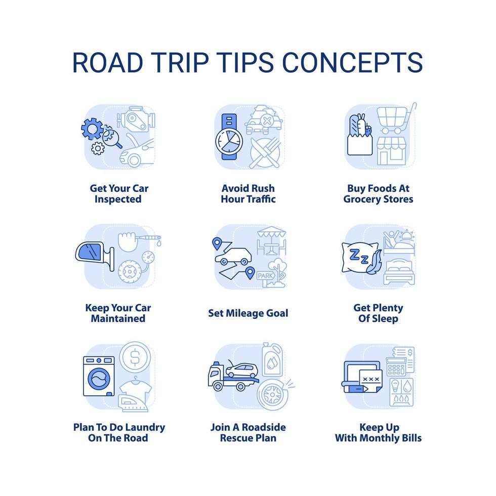 Roadtrip-Tipps hellblaue Konzeptsymbole gesetzt. Reisen planen. auto abenteuer tipps idee dünne linie farbillustrationen. isolierte Symbole. editierbarer Strich. vektor