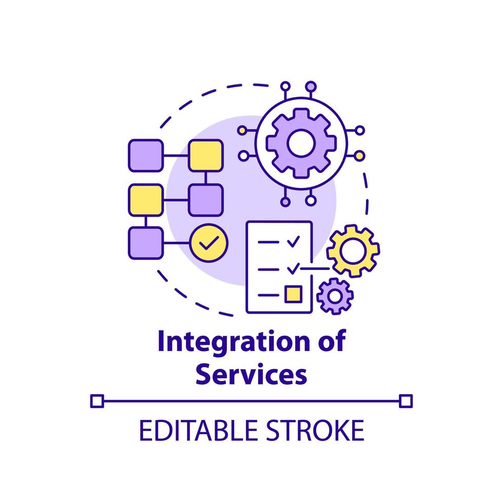 Symbol für das Konzept der Integration von Diensten. Komplexes System. maas konzept komponente abstrakte idee dünne linie illustration. isolierte Umrisszeichnung. editierbarer Strich. vektor