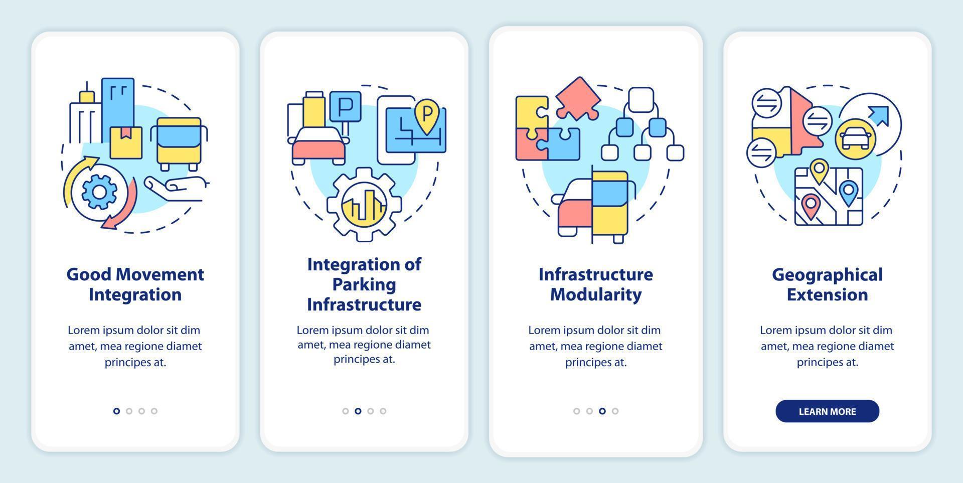 maas-anforderungen beim onboarding des mobilen app-bildschirms. Dienst, der eine exemplarische Vorgehensweise in 4 Schritten bietet, bearbeitbare grafische Anweisungen mit linearen Konzepten. ui, ux, gui-Vorlage. vektor