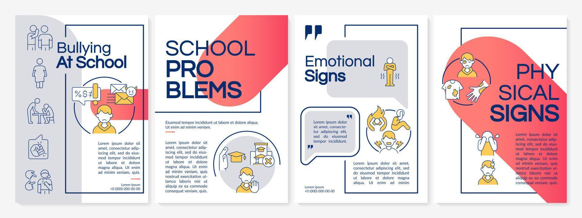 erkennung von mobbing in der schule rote und graue broschürenvorlage. Broschürendesign mit linearen Symbolen. editierbare 4 Vektorlayouts für Präsentationen, Jahresberichte. vektor