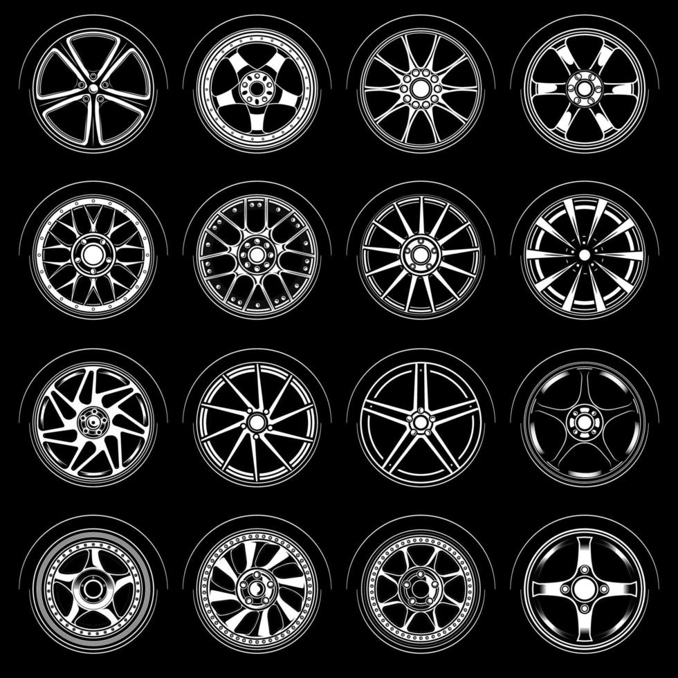 satz autorad, gummireifen, lkw-radelementillustration. 3D-Darstellung von Felgenautosammlungen. Vektor eps 10.