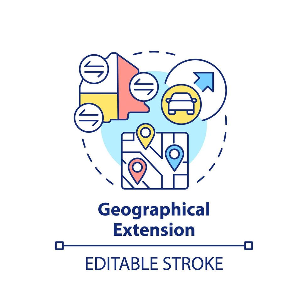 geografisk förlängning begrepp ikon. infrastruktur utveckling. maas krav abstrakt aning tunn linje illustration. isolerat översikt teckning. redigerbar stroke. vektor