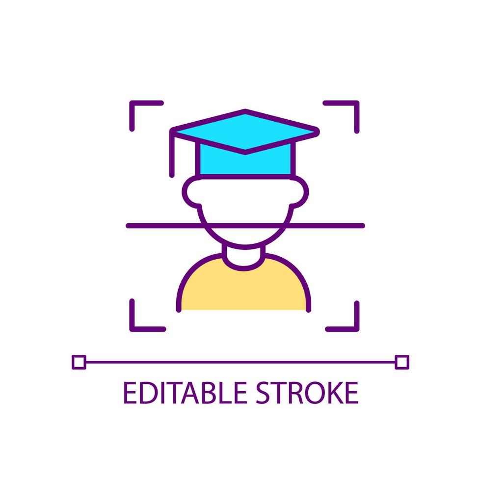 biometrisk student identifiering rgb färgikon. ansiktsautentisering. uppföljning av närvaro i skolan. isolerade vektor illustration. enkel fylld linjeteckning. redigerbar linje.