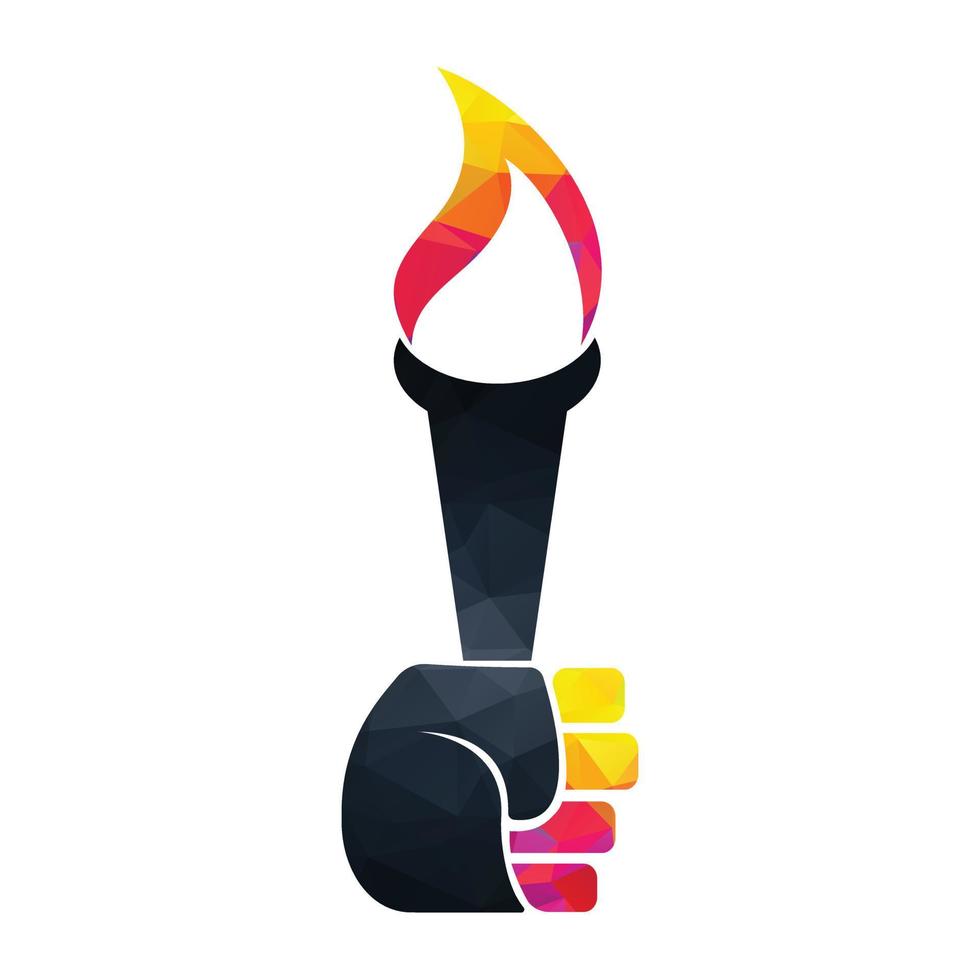 hand innehav flammande ficklampa begrepp design. brinnande brand eller flamma logotyp mall. vektor