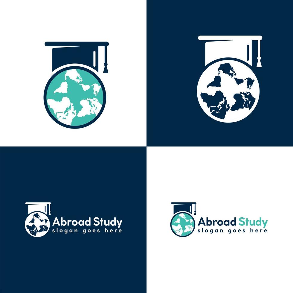 Studieren Sie im Ausland Vektor-Logo-Design. Abschlusskappe und Globus-Symbol. vektor