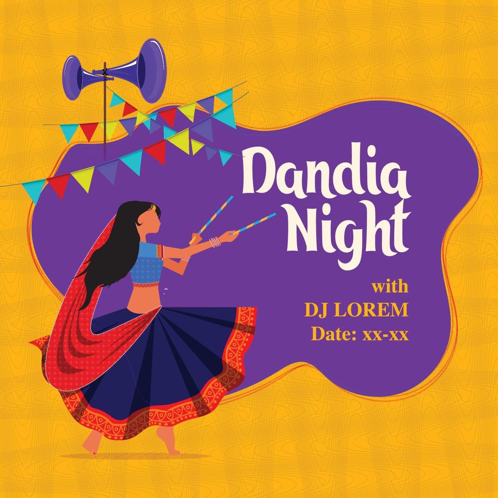 Illustration einer Frau, die Dandiya in der Disco Garba Night Banner Poster für das Navratri Dussehra Festival in Indien spielt vektor