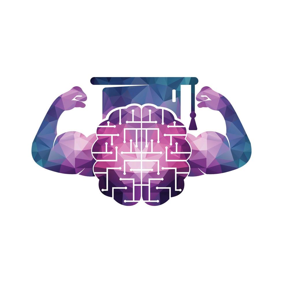 Gehirn-Vektor-Logo-Design für technische Bildung. starke Gehirnverbindung mit starkem Bizeps. vektor