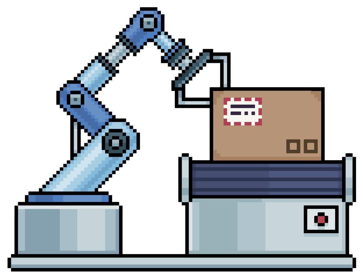 Pixelkunstroboter und industrielles Laufband. Roboterhandmaschinen-Vektorsymbol für 8-Bit-Spiel auf weißem Hintergrund vektor