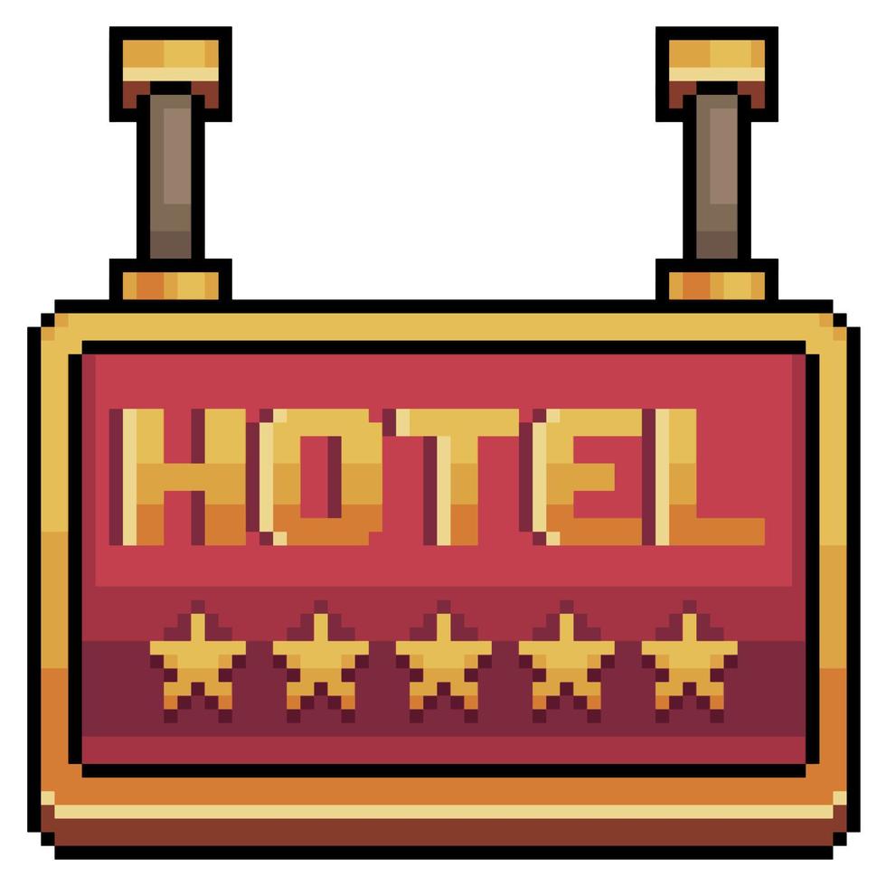 Pixel Art 5-Sterne-Hotelschild. rotes und goldenes Plattenvektorsymbol für 8-Bit-Spiel auf weißem Hintergrund vektor