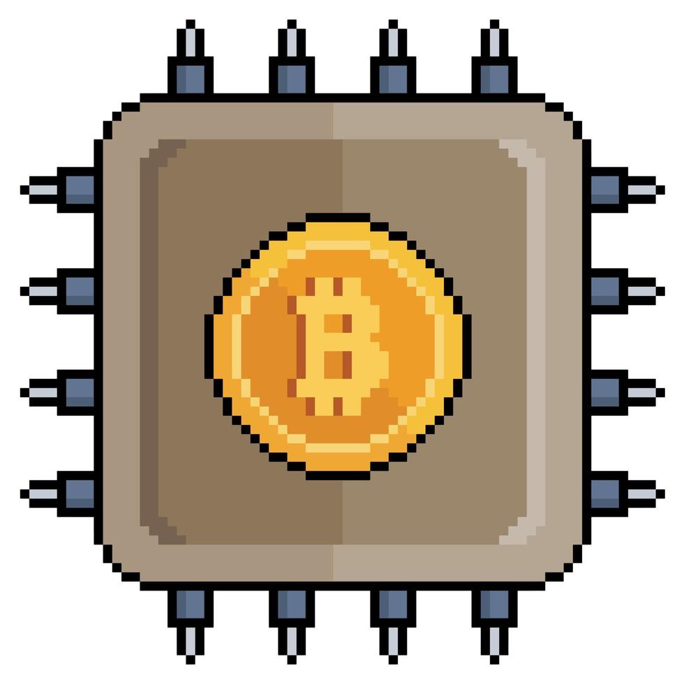 Pixelkunst-Bitcoin-Prozessor, Kryptowährungsverarbeitungsvektorsymbol für 8-Bit-Spiel auf weißem Hintergrund vektor