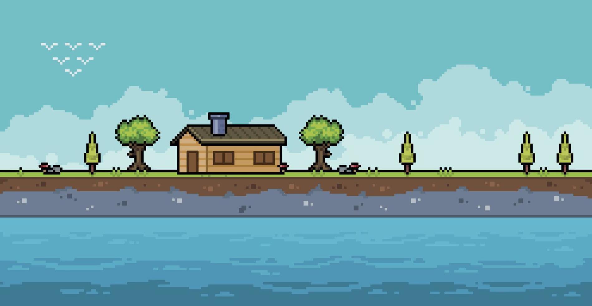 Pixel Art Sea Coast Landschaftshintergrund mit Haus, Bäumen und bewölkter Himmelsszene für 8-Bit-Spiel vektor