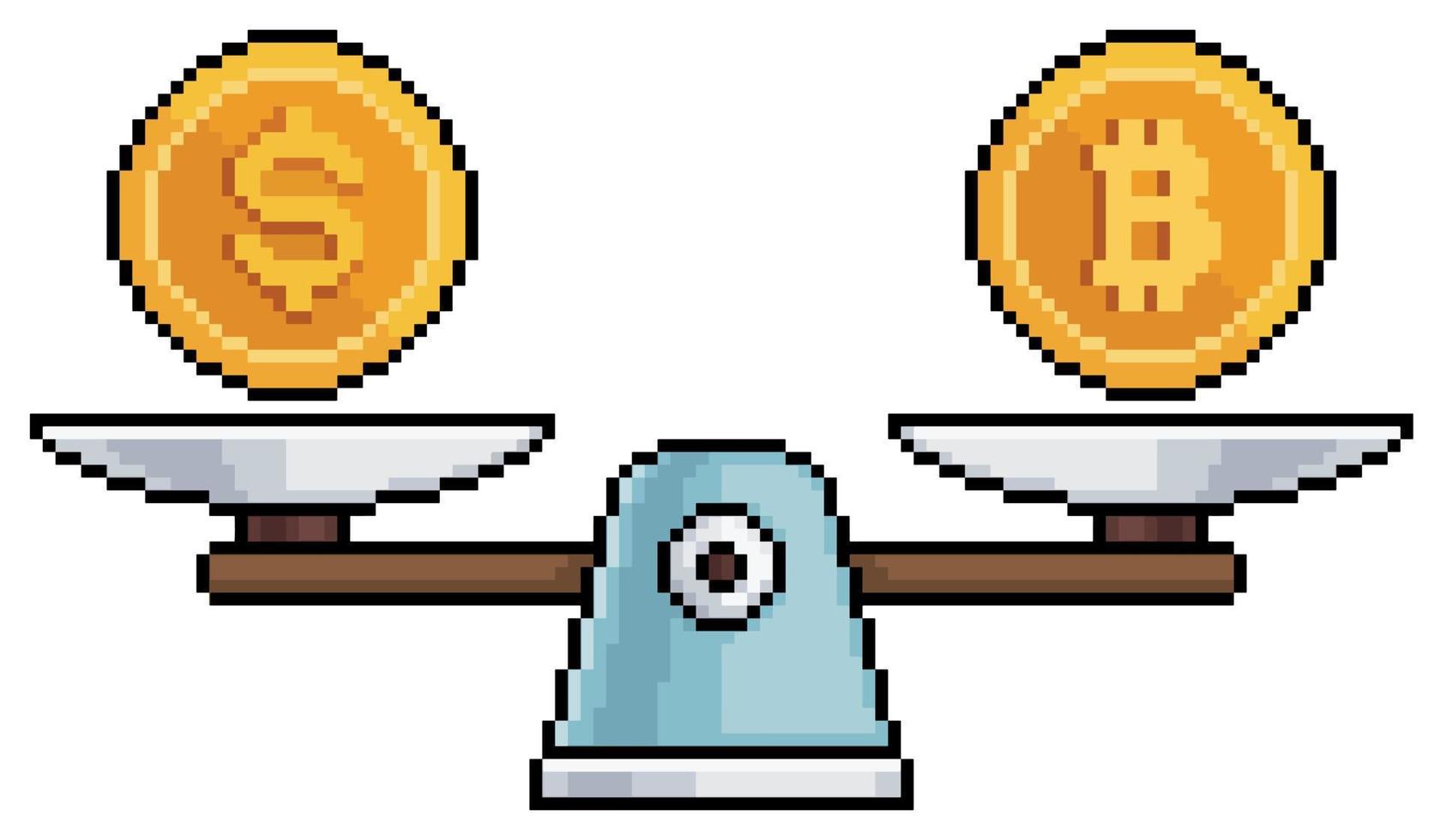 Pixelkunstskala mit Dollar und Bitcoin, Waagenbilanz mit Geld und Kryptowährungsvektorsymbol für 8-Bit-Spiel auf weißem Hintergrund vektor