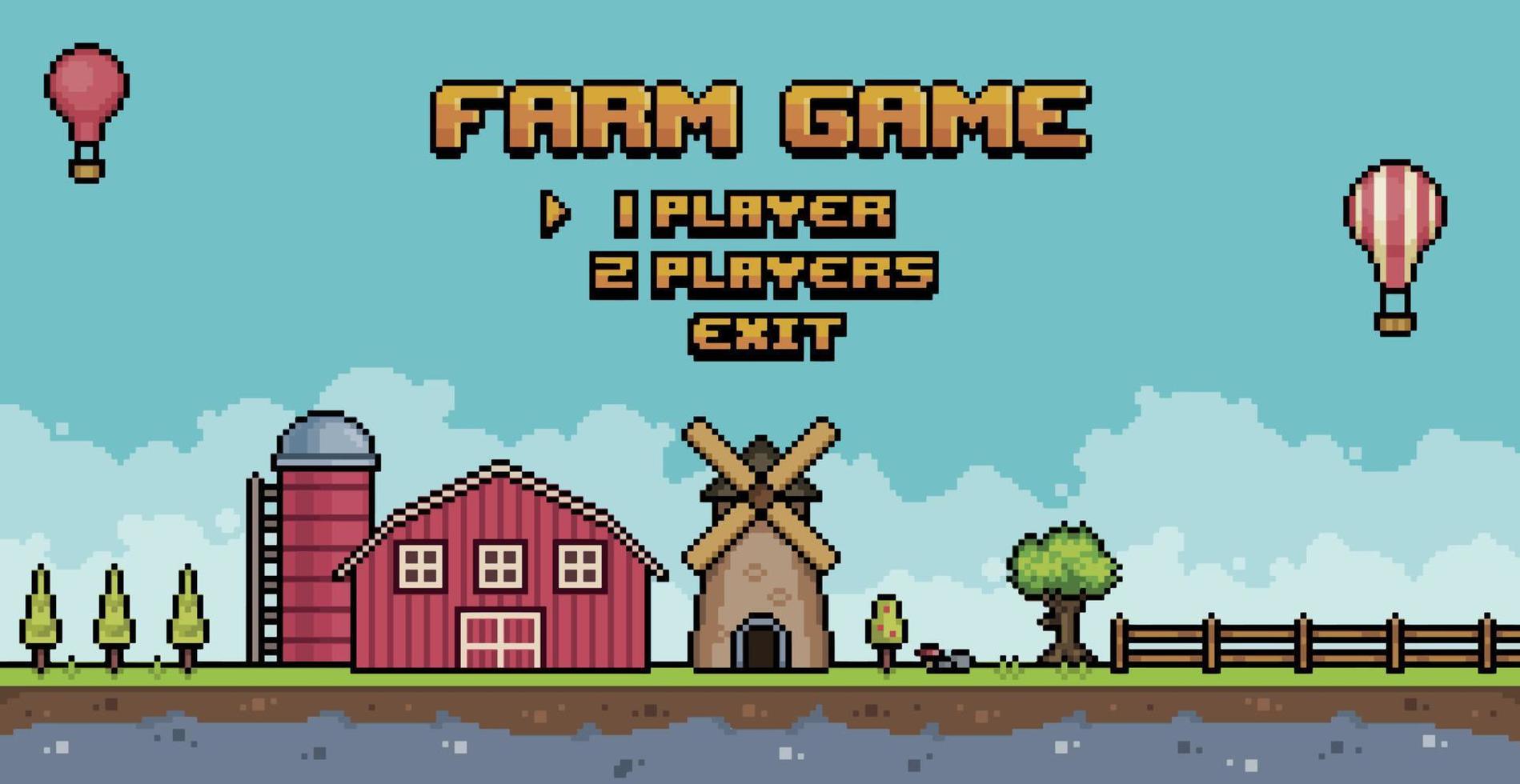 Pixel-Art-Farm-Spielmenü. 8-Bit-Startbildschirmlandschaft mit Scheune, Mühle, Silohintergrund vektor