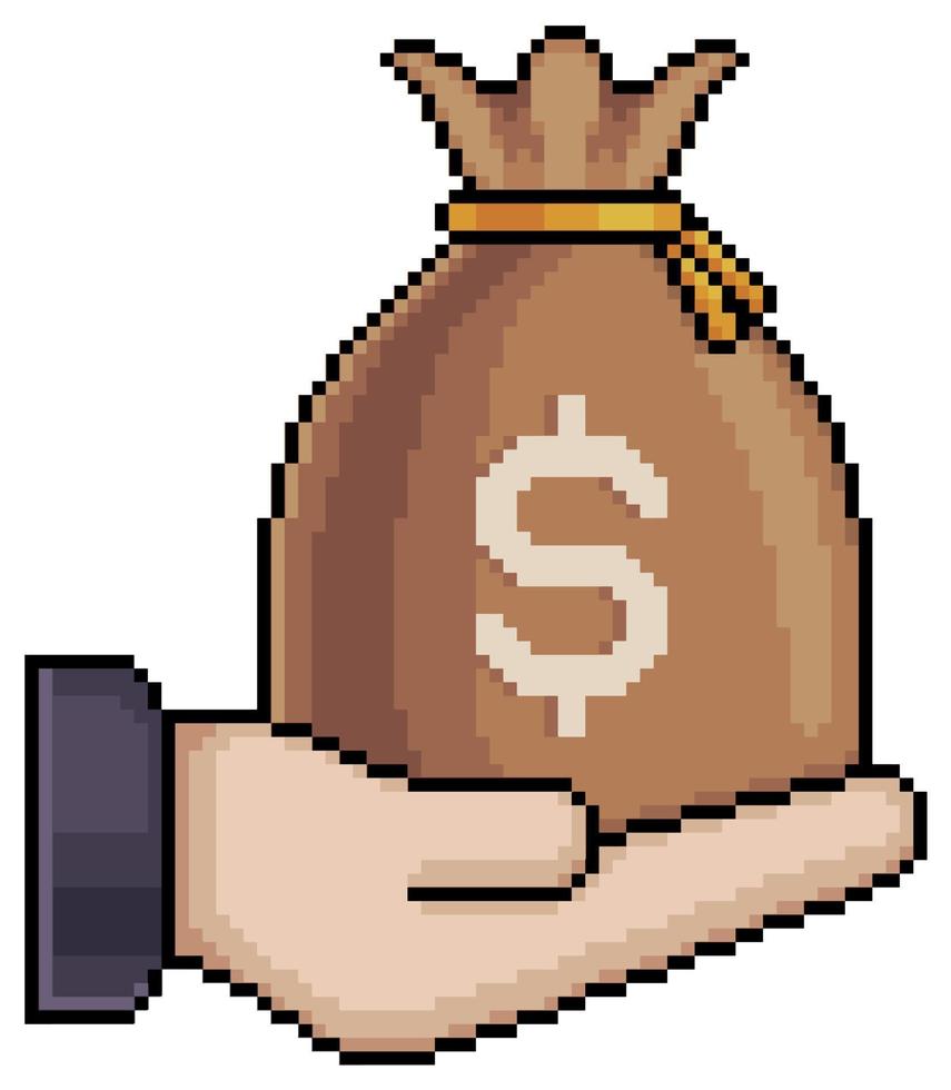 Pixelkunsthand, die Geldbeutel hält. Münztüte über Handvektorsymbol für 8-Bit-Spiel auf weißem Hintergrund vektor