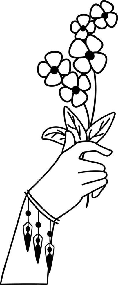 hand gezeichnete hand, die blumen in der boho-artillustration hält vektor