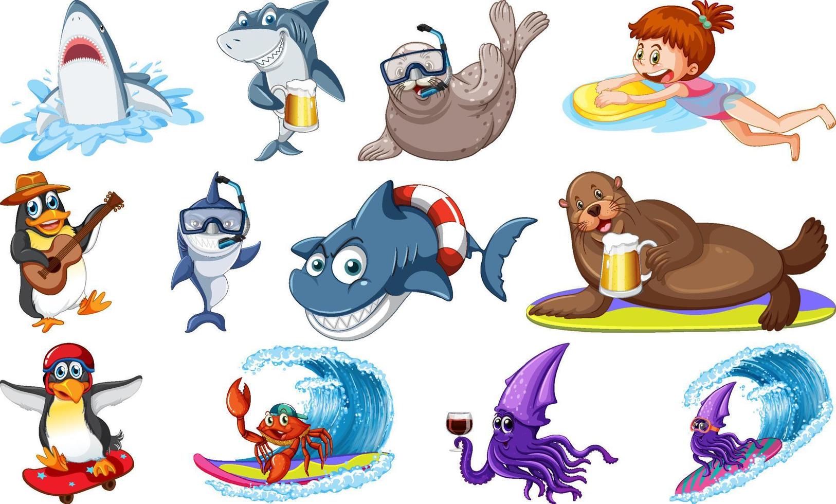 uppsättning av olika hav djur tecknad serie tecken vektor