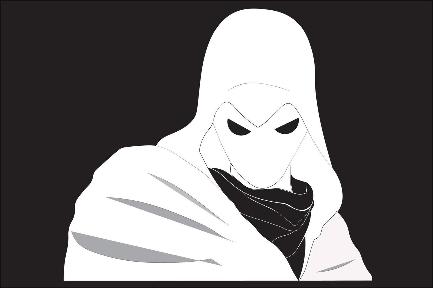 Vektor-Illustration eines weißen gekleideten Attentäters und Scraft für ein Sportteam oder eine Gruppe, die auf schwarzem Hintergrund isoliert sind vektor