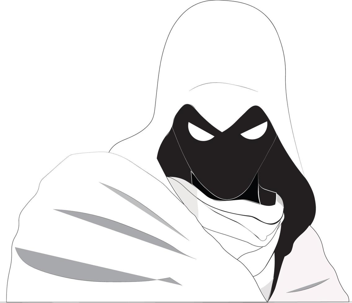 Vektor-Illustration eines weißen gekleideten Attentäters und Scraft für ein Sportteam oder eine Gruppe, die auf weißem Hintergrund isoliert sind vektor