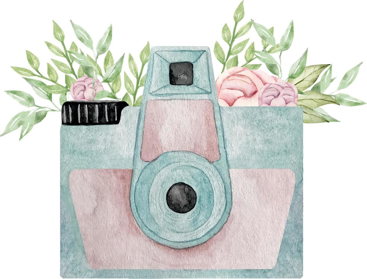 årgång vattenfärg kamera med anbud rosa blomma. hand dragen illustration. vektor