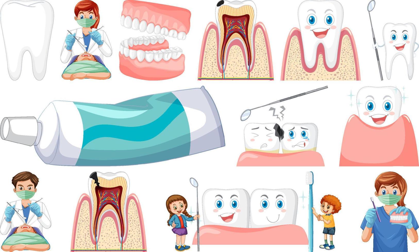 uppsättning av dental utrustning och tecknad serie tecken vektor