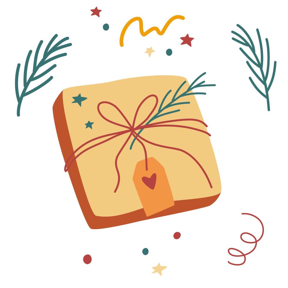 Geschenkbox. frohes neues Jahr und frohe Weihnachten. Geschenkbox mit Schleife. Urlaubsbanner, Web-Poster, Flyer, stilvolle Broschüre, Grußkarte, Cover. vektorillustration des handabgehobenen betrages lokalisiert vektor