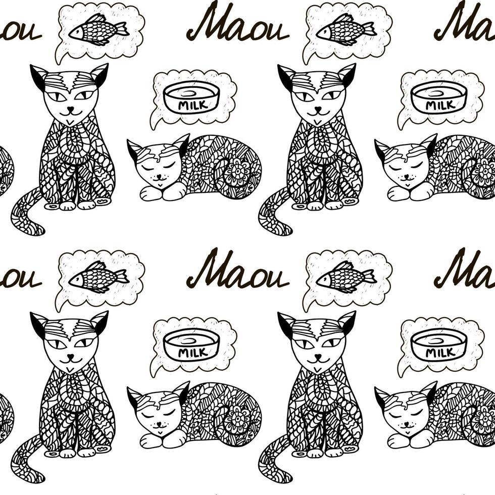 sömlös mönster av ritad för hand katter i klotter stil. stiliserade katter drömma i och ut av mjölk och fisk. dekor. stiliserade djur med kropp mönster. vektor illustration