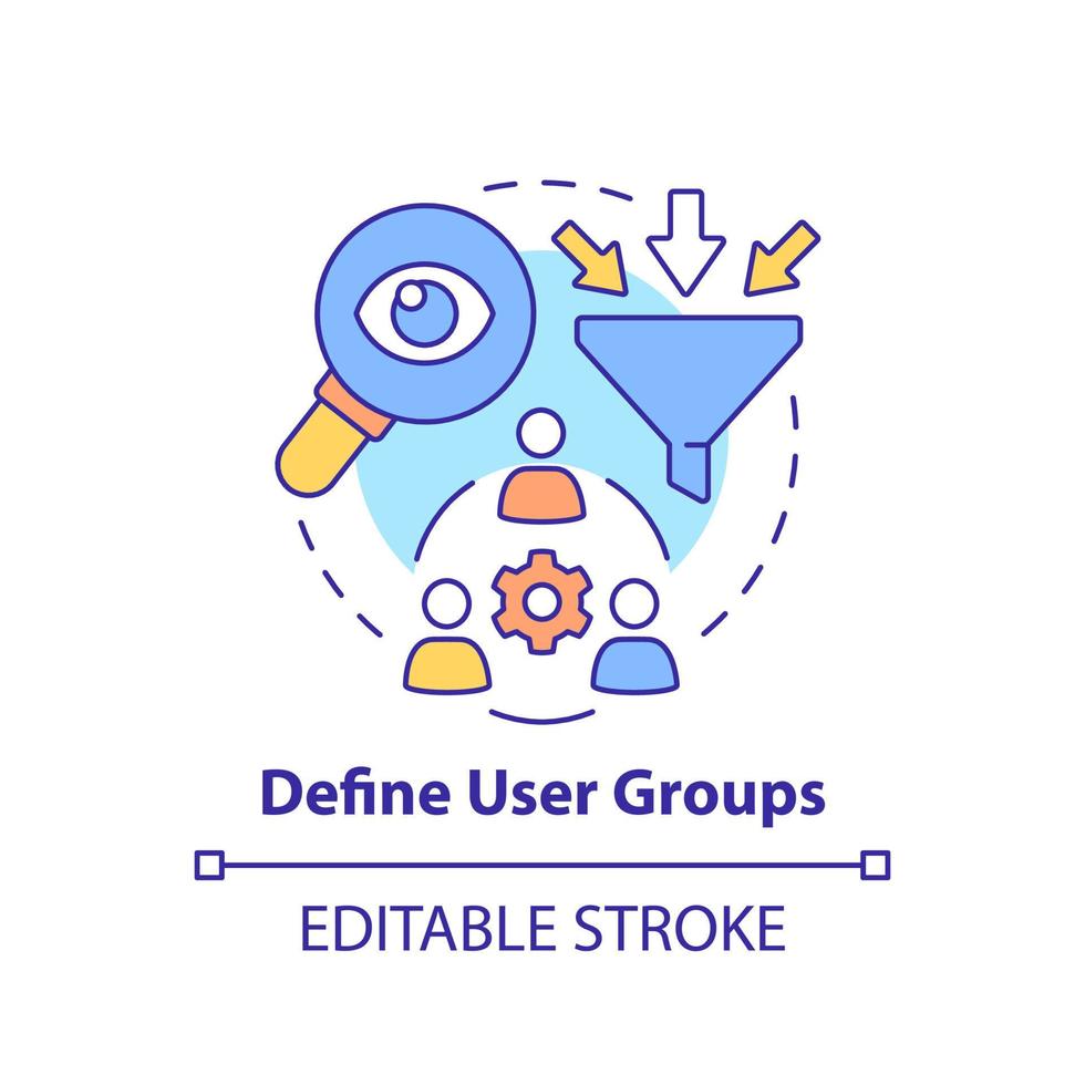 definiera användare grupper begrepp ikon. kunder behov. maas introduktion komponent abstrakt aning tunn linje illustration. isolerat översikt teckning. redigerbar stroke. vektor