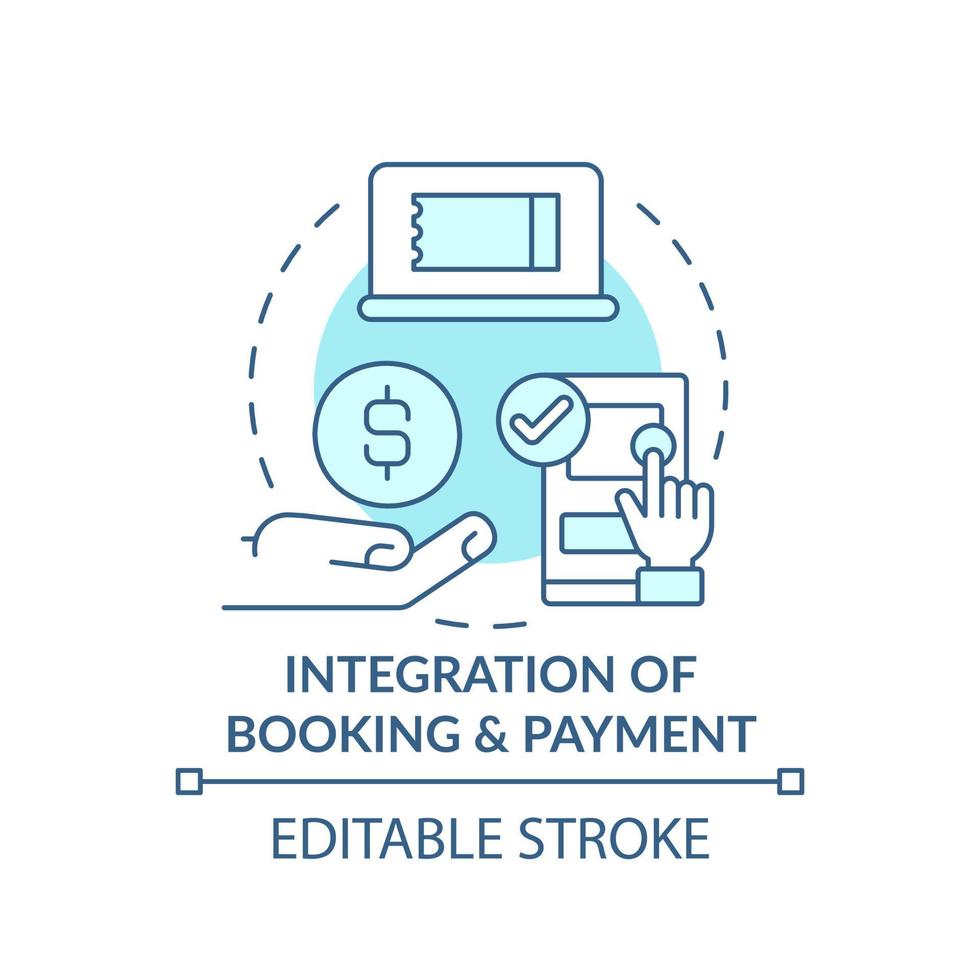 integration av bokning och betalning turkos konceptikon. maas integration nivå abstrakt idé tunn linje illustration. isolerade konturritning. redigerbar linje. vektor