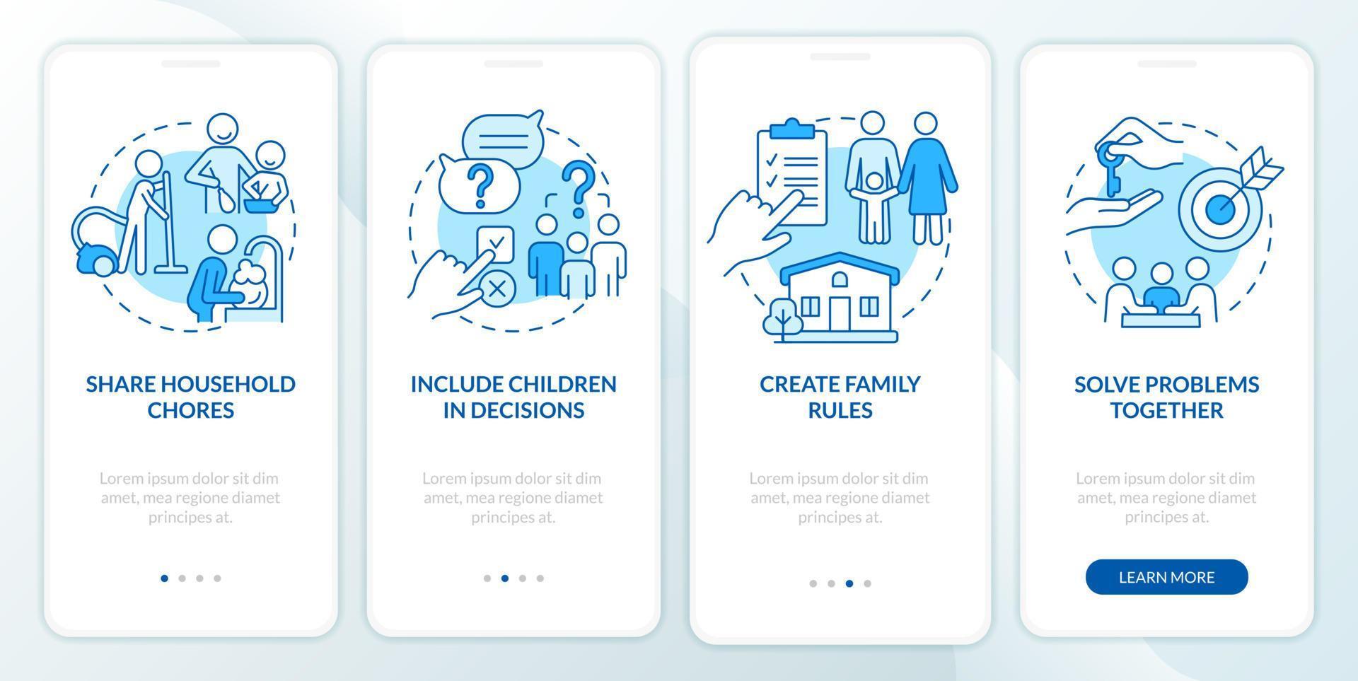 förderung der teamarbeit blauer onboarding-bildschirm der mobilen app. Familienlösung 4 Schritte grafische Anleitungsseiten mit linearen Konzepten. ui, ux, gui-Vorlage. vektor