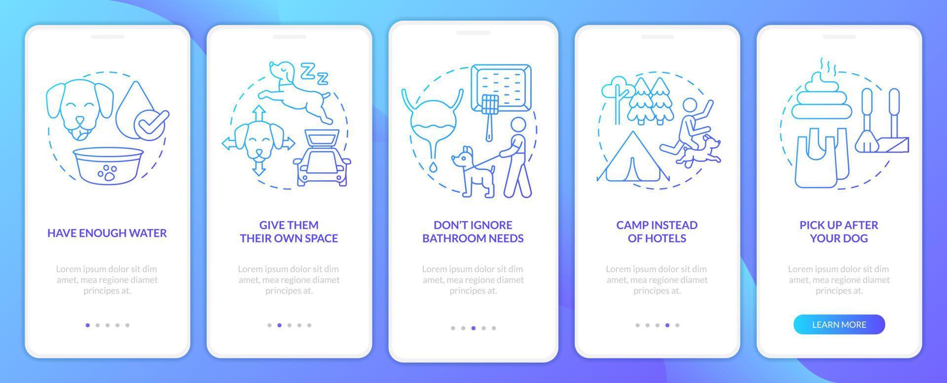 väg resa med husdjur råd blå lutning onboarding mobil app skärm. genomgång 5 steg grafisk instruktioner med linjär begrepp. ui, ux, gui mall. vektor