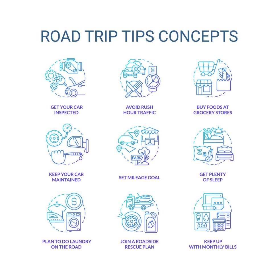 Roadtrip-Tipps blaue Farbverlauf-Konzeptsymbole gesetzt. Reisen planen. Auto-Abenteuer-Empfehlungen Idee dünne Linie Farbabbildungen. isolierte Symbole. vektor