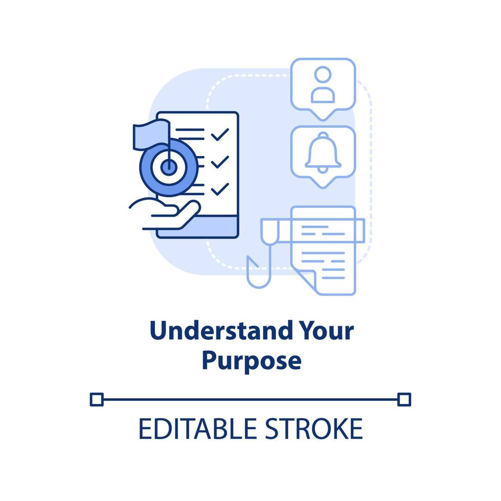 förstå ändamål ljus blå begrepp ikon. dricks för design hemsida abstrakt aning tunn linje illustration. identifiera ämne. isolerat översikt teckning. redigerbar stroke. vektor