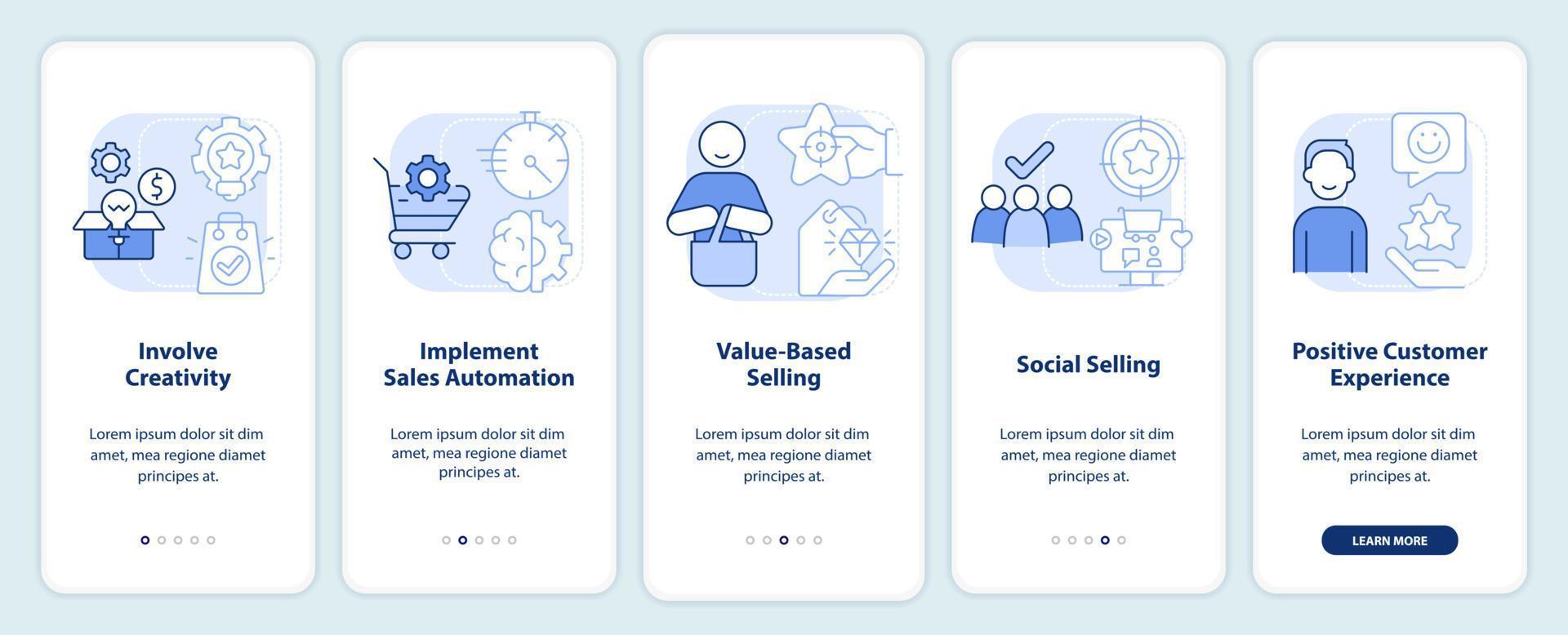 Verkaufstendenzen hellblauer Onboarding-Bildschirm der mobilen App. Sales Walkthrough 5 Schritte bearbeitbare grafische Anweisungen mit linearen Konzepten. ui, ux, gui-Vorlage. vektor