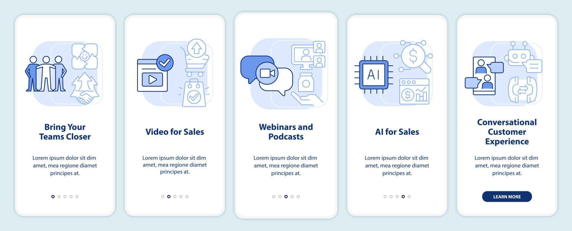 Verkaufstrends hellblauer Onboarding-Bildschirm der mobilen App. Marketing Walkthrough 5 Schritte bearbeitbare grafische Anweisungen mit linearen Konzepten. ui, ux, gui-Vorlage. vektor