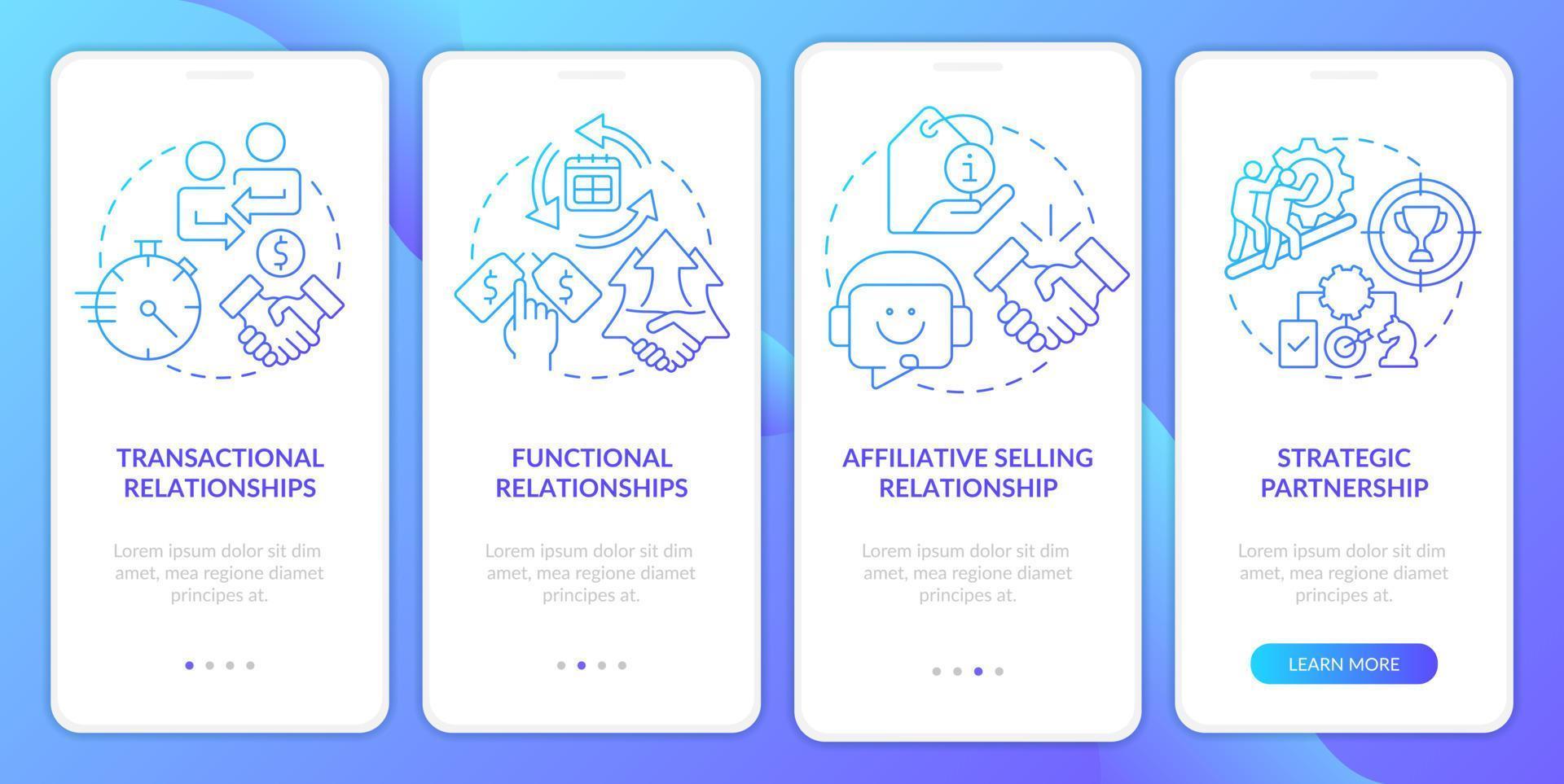 arten von verkaufsbeziehungen blauer farbverlauf beim onboarding des mobilen app-bildschirms. Komplettlösung 4 Schritte grafische Anweisungen mit linearen Konzepten. ui, ux, gui-Vorlage. vektor