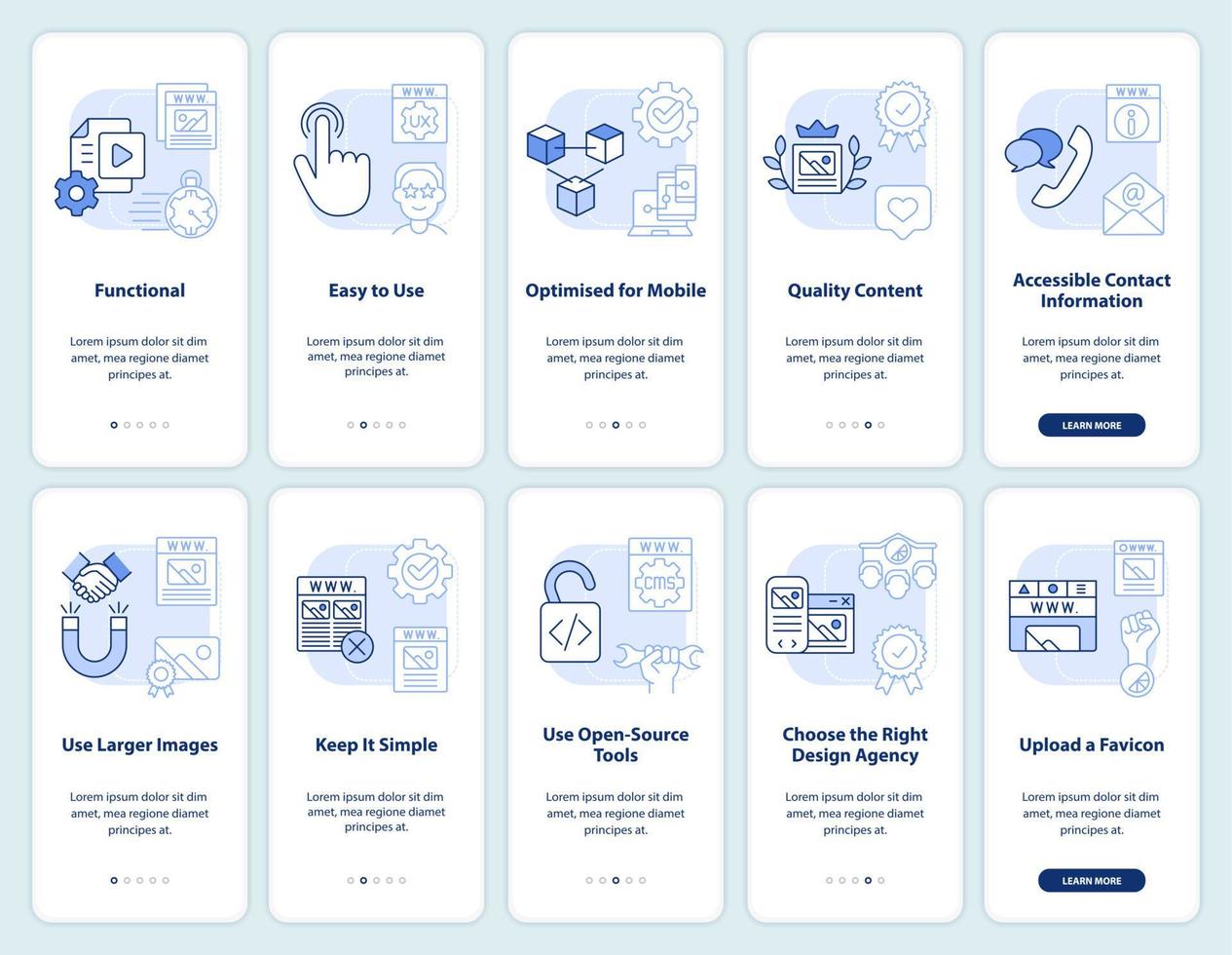 was die website attraktiv macht hellblauer onboarding mobiler app-bildschirmsatz. Komplettlösung 5 Schritte bearbeitbare Anweisungen mit linearen Konzepten. ui, ux, gui-Vorlage. vektor