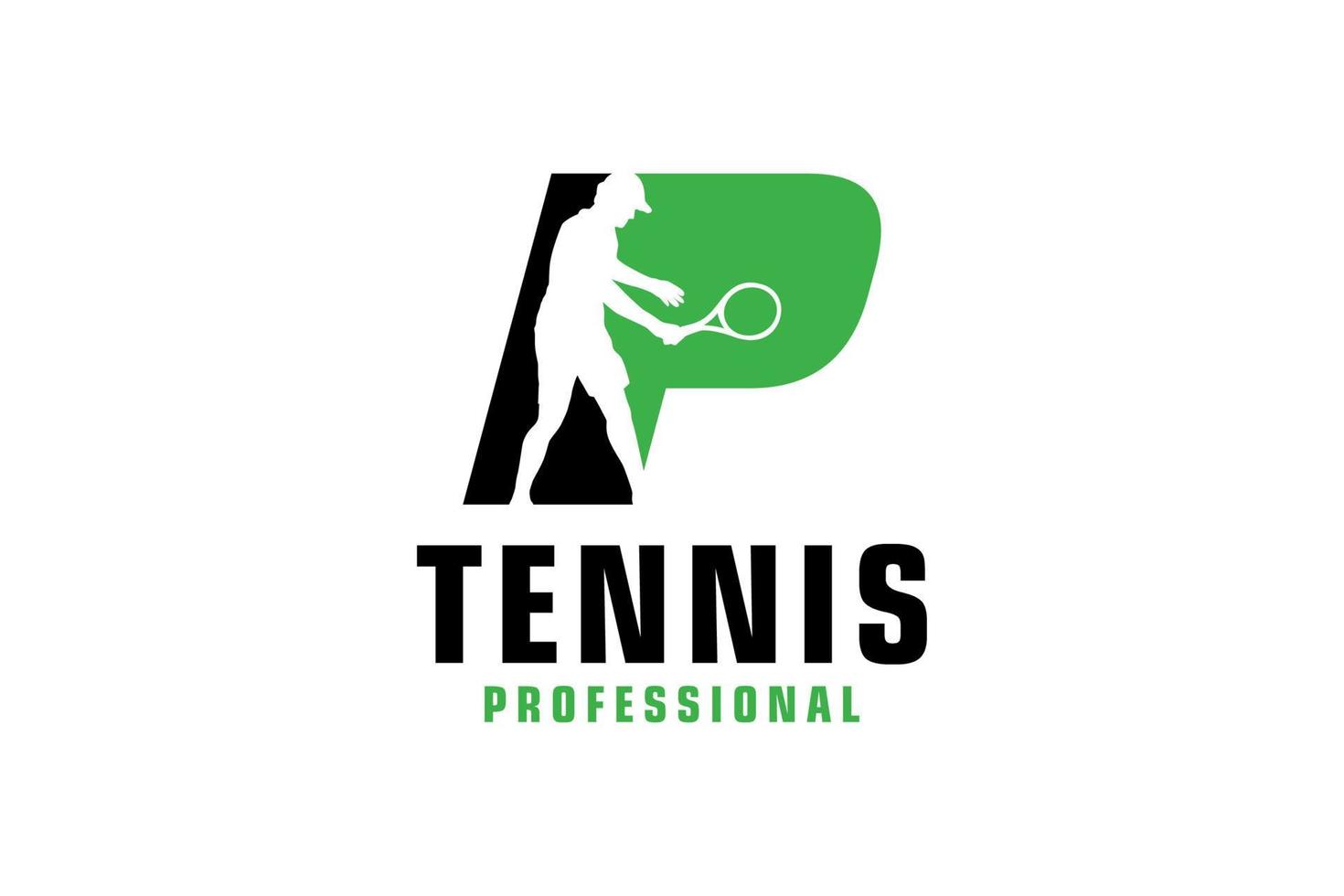 brev p med tennis spelare silhuett logotyp design. vektor design mall element för sport team eller företags- identitet.