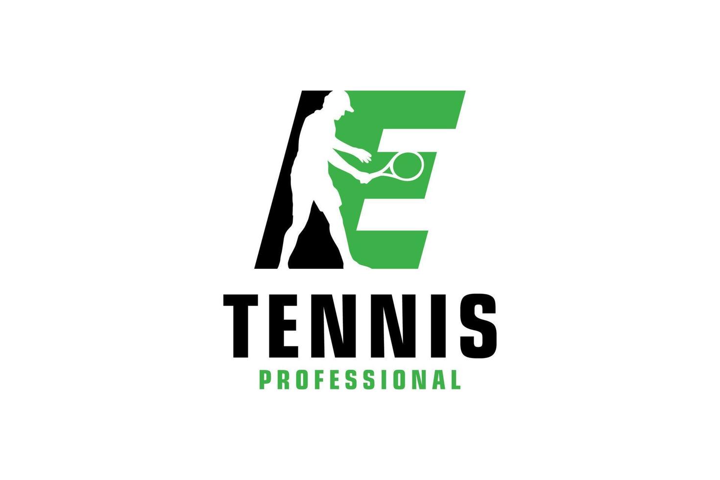 buchstabe e mit tennisspieler-silhouette-logo-design. Vektordesign-Vorlagenelemente für Sportteams oder Corporate Identity. vektor