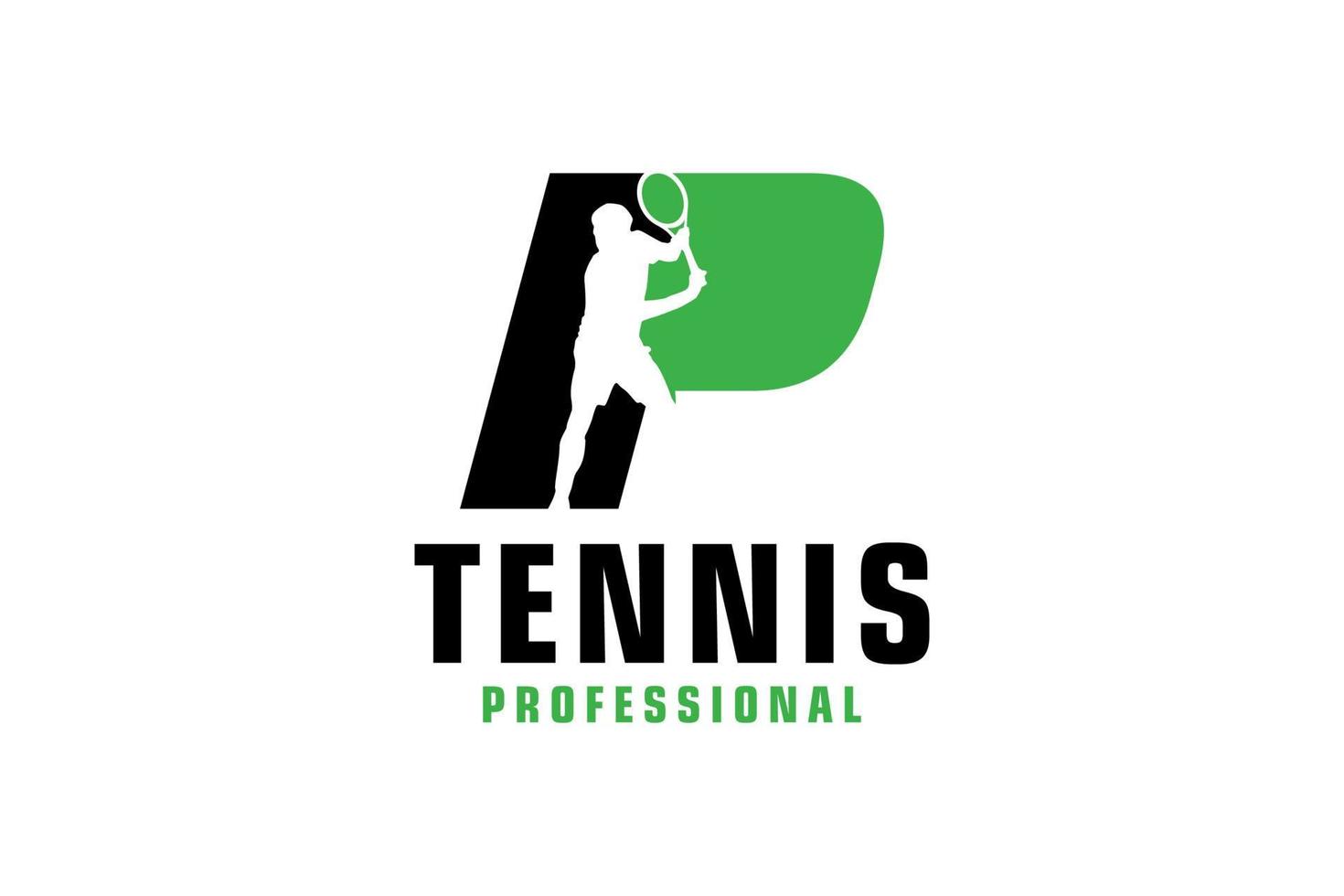 buchstabe p mit tennisspieler-silhouette-logo-design. Vektordesign-Vorlagenelemente für Sportteams oder Corporate Identity. vektor