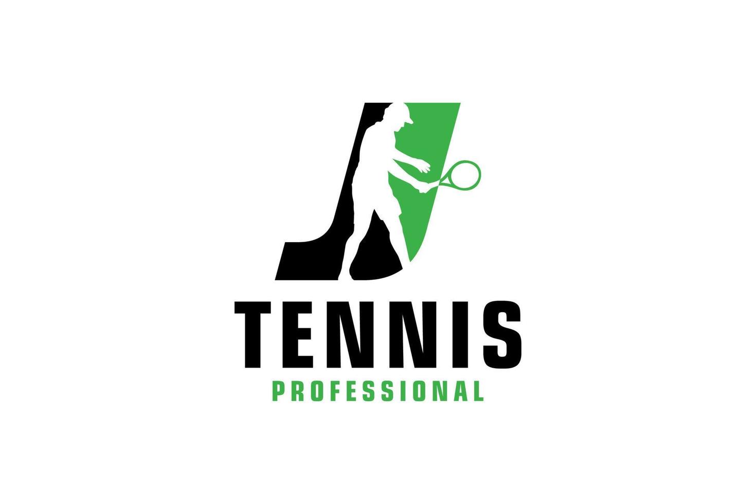 bokstaven j med tennisspelare silhuett logotyp design. vektor designmall element för sport team eller företagsidentitet.